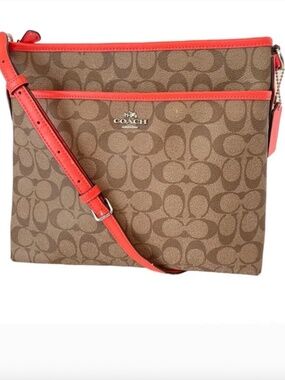 Coach PVC Khaki Signature File Bag Orange Leather Crossbody